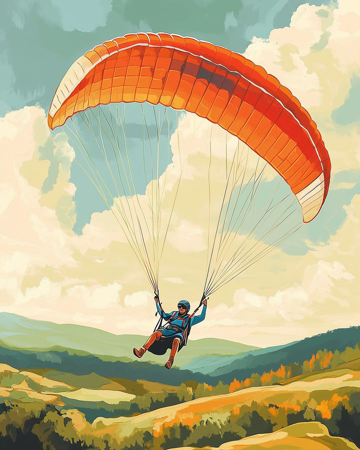 A person is paragliding with a vibrant orange parachute against a backdrop of rolling hills and a partly cloudy sky. They wear a helmet and harness, gliding smoothly above the picturesque landscape.