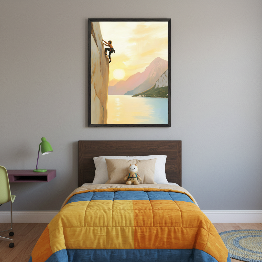 Kid's modern bedroom with a dark wood bed and colorful quilt. A small wall desk with a green lamp and chair is to the left. A large framed painting of a person rock climbing on a cliff with a sunset over a lake and mountains hangs above the bed.