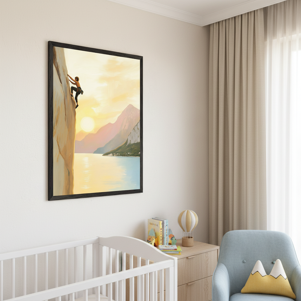 Modern nursery with a white crib, light wood dresser, and blue armchair. A large framed painting hangs above the crib and dresser, depicting a person rock climbing a cliff beside a lake with mountains and a sunset.