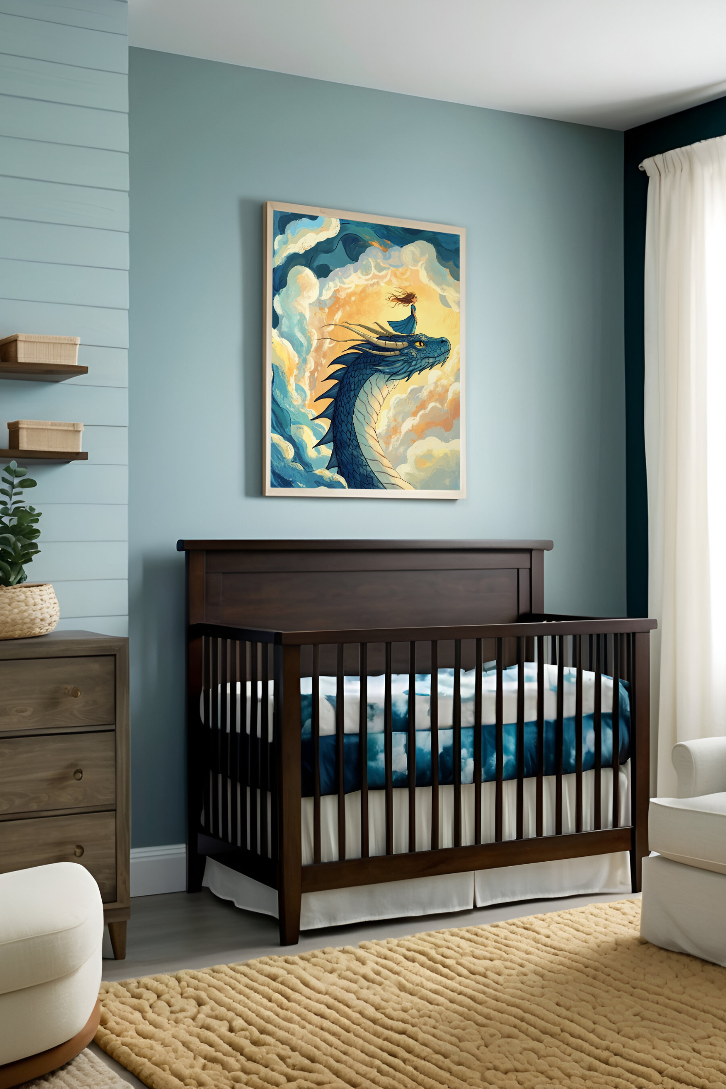 Calm nursery featuring cool blue walls, a dark wooden crib with blue and white cloud-patterned bedding, and a cozy textured rug. Above the crib hangs a captivating painting showing a girl standing confidently atop the head of a majestic blue dragon, both gazing into a sky filled with swirling clouds, adding a dreamy and adventurous feel to the room.
