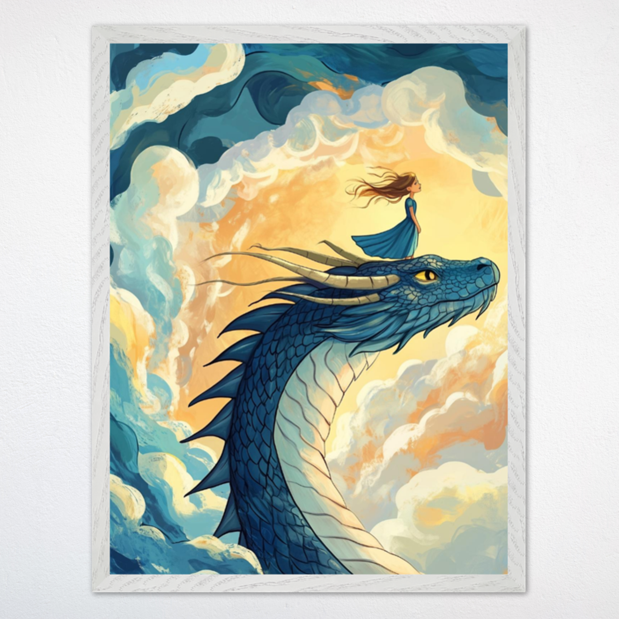 Captivating illustration of a girl in a flowing blue dress standing atop a regal blue dragon with golden horns, soaring through a swirl of vibrant clouds lit by golden sunlight. Her hair streams behind her as she looks ahead, evoking a feeling of freedom, courage, and wonder.
