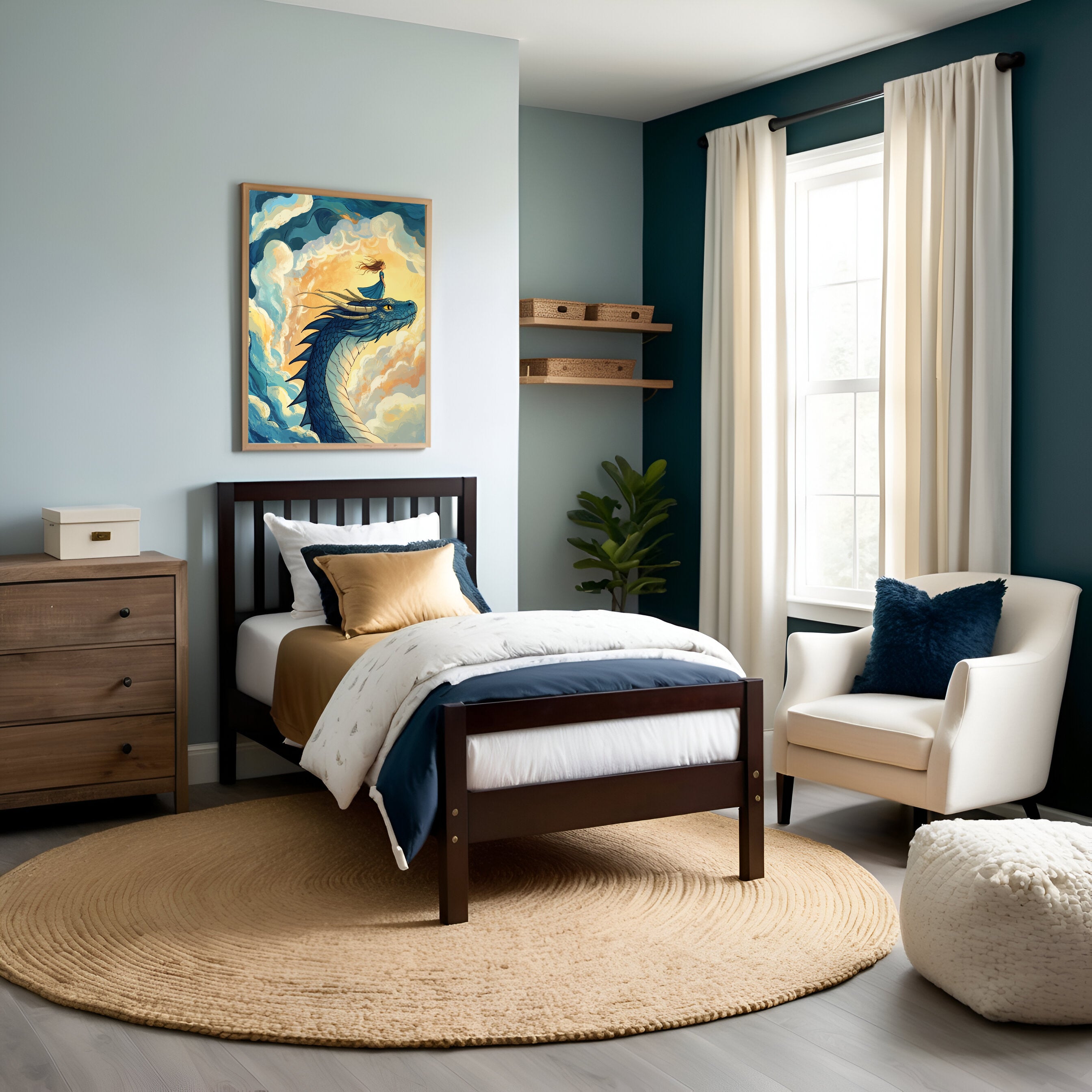Serene child’s bedroom with light and dark teal walls, featuring a dark wood bed with navy, white, and gold bedding atop a round woven rug. Above the bed, a framed fantasy artwork shows a girl standing on the head of a majestic blue dragon, both framed by swirling golden clouds.