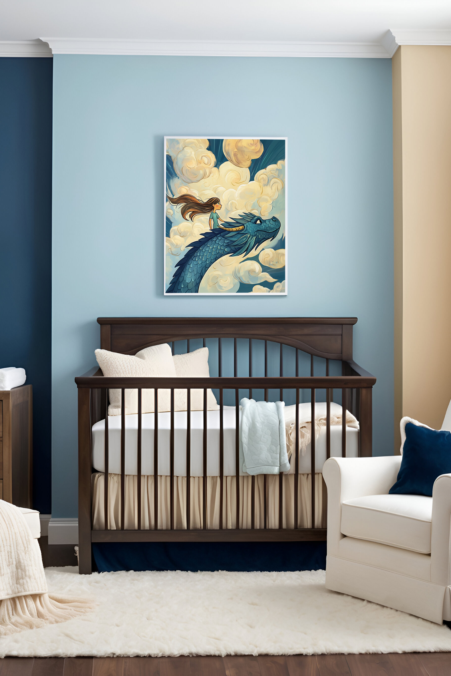 Serene nursery with soothing blue walls, elegant wooden crib, and soft white bedding, creating a peaceful atmosphere. Hanging above is an imaginative painting of a girl riding gracefully atop a gentle blue dragon soaring through fluffy clouds, fostering a dreamy and calming feel in the room.
