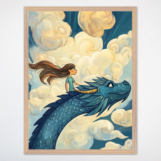 Playful illustration of a girl with flowing hair riding on the head of a smiling blue dragon, soaring through a sky filled with whimsical, swirling clouds. The dreamy setting captures a sense of freedom, wonder, and joyful imagination.
