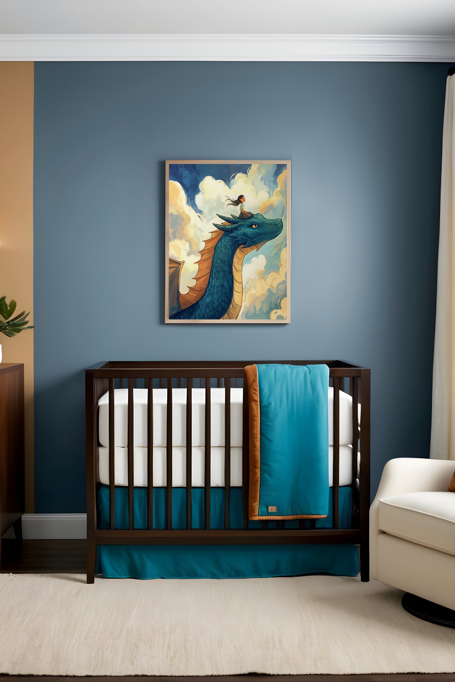Tranquil nursery styled with deep blue walls, a modern wooden crib accented by teal and white bedding, and a soft, neutral-colored rug. Above the crib hangs an imaginative painting of a young girl comfortably seated atop a gentle, blue dragon, floating among fluffy clouds, fostering dreams of exploration and wonder.