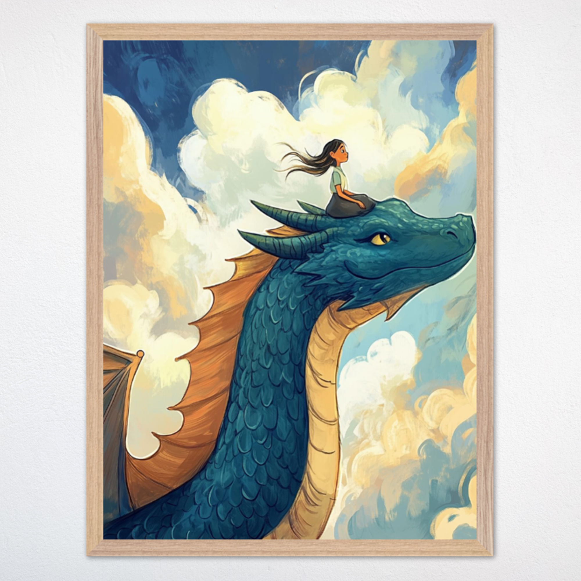 Dreamy illustration of a girl riding on the head of a large teal dragon with golden-orange wings, soaring high above the clouds. The girl's hair flows in the wind as she looks ahead with calm determination, capturing a sense of wonder and freedom.