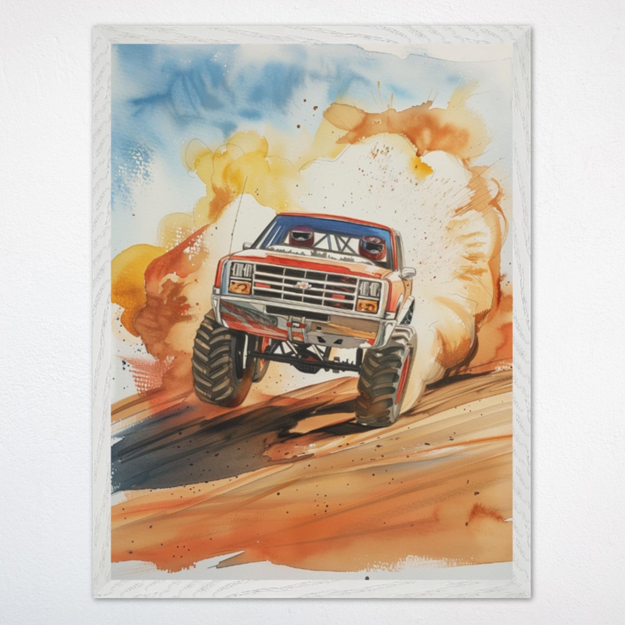 Vibrant watercolor illustration of a red monster truck racing uphill through the dirt, surrounded by dramatic clouds of dust and bold splashes of orange and yellow. The dynamic motion and expressive brushstrokes give the artwork an energetic, adventurous feel, perfect for a kids’ room or nursery.