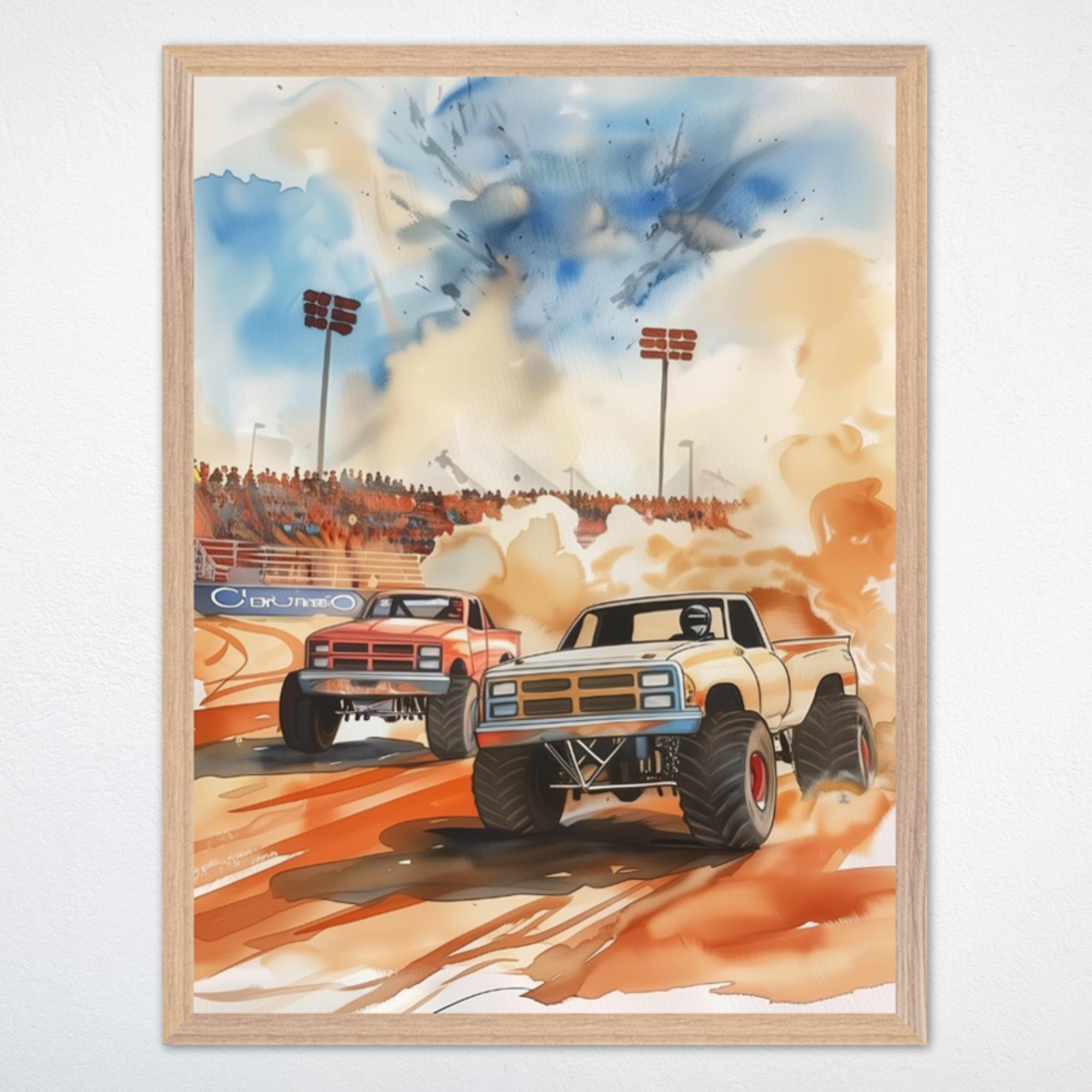 Framed wall art featuring two monster trucks racing through a dusty track in front of stadium lights and a cheering crowd, with dramatic clouds and splashes of blue sky in the background. The bold, energetic scene is illustrated in a watercolor style, perfect for adding adventure-themed flair to a kid’s room.