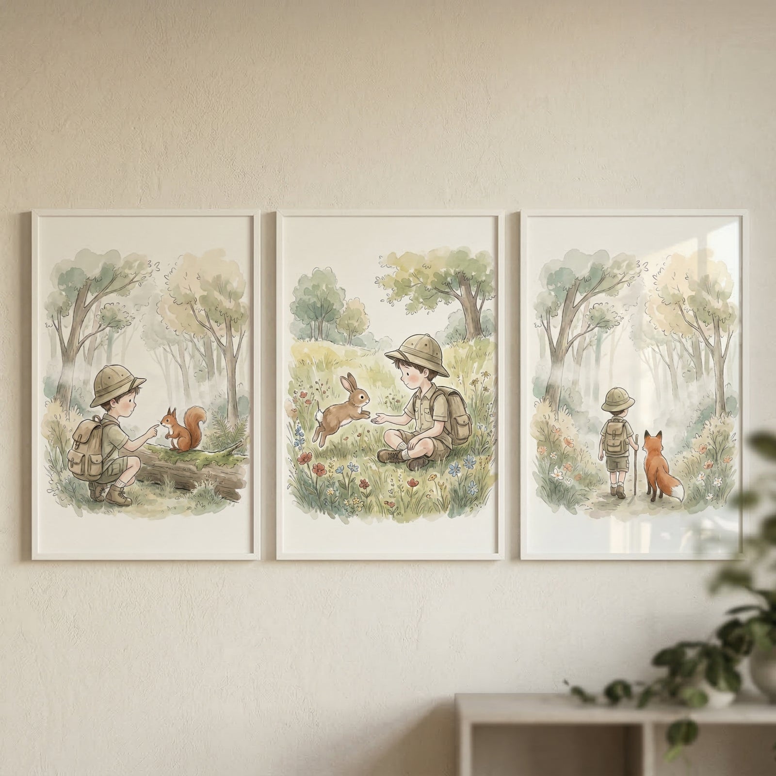 Three framed watercolor illustrations hang on a light wall showing a young explorer boy in a forest. In the first he points at a squirrel on a log, in the second he gently reaches toward a jumping rabbit in a flower meadow, and in the third he walks down a forest path beside a fox.