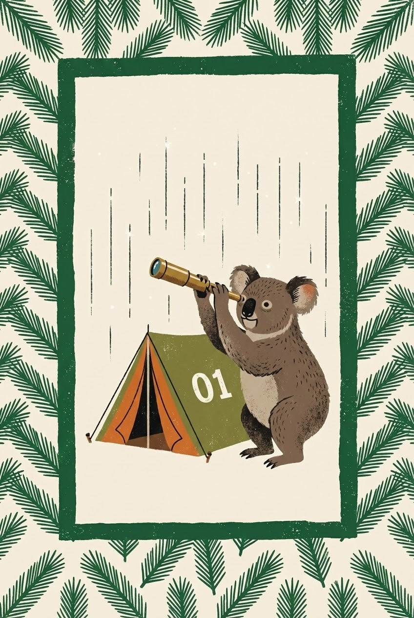 Illustration of a koala holding a brass telescope beside a green tent labeled “01,” with a frame of green pine leaves and falling rain streaks in the background.