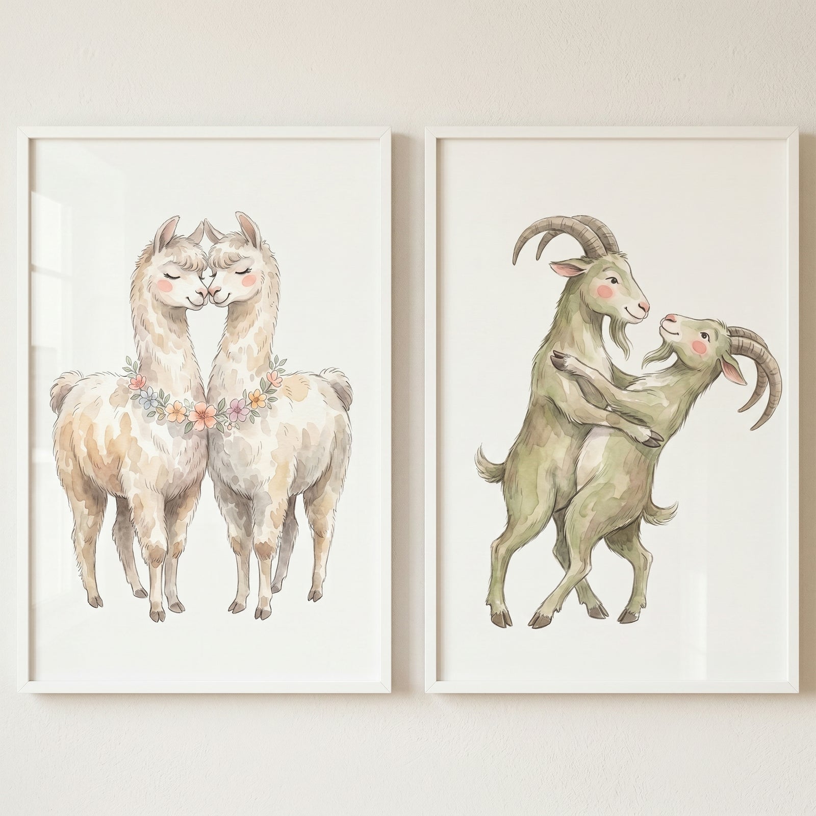 Affectionate farm animals wall art set of 2 featuring watercolor llamas and dancing goats in white frames.