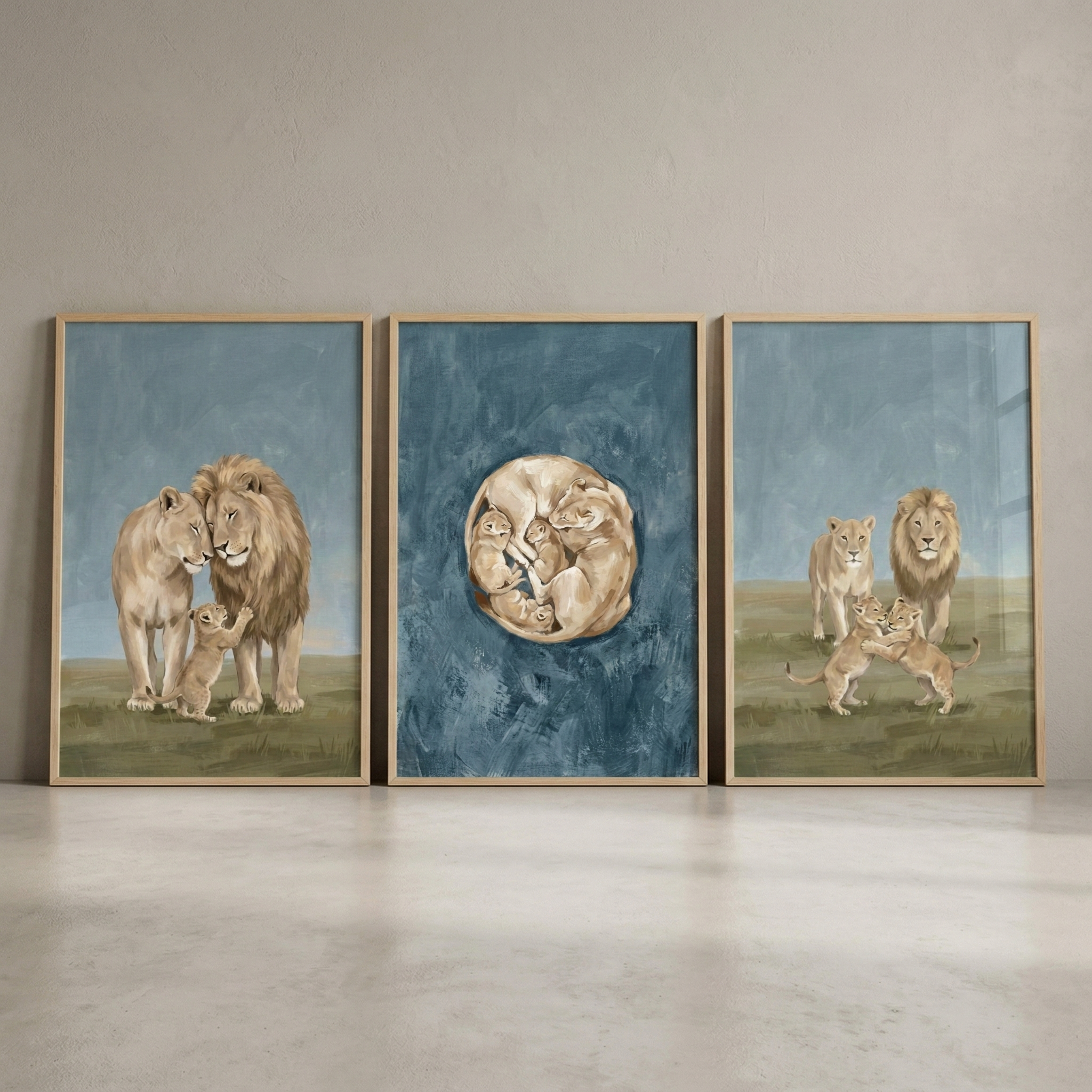 Affectionate Lion Family Wall Art Set of 3 - Savannah Family Bonds