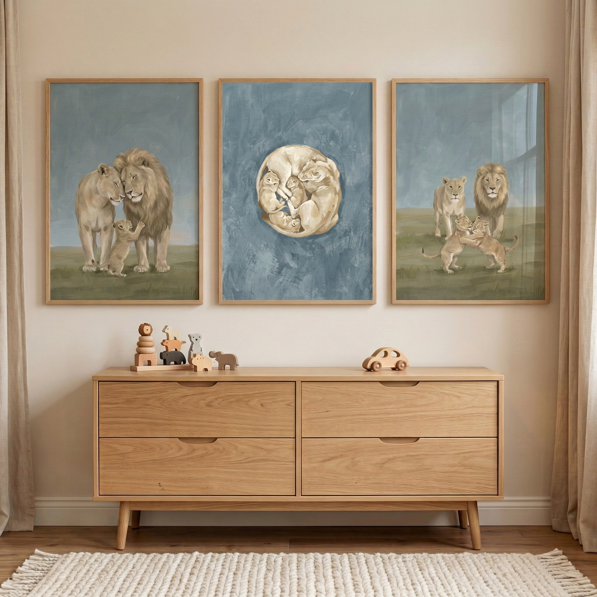 Affectionate Lion Family Wall Art Set of 3 - Savannah Family Bonds