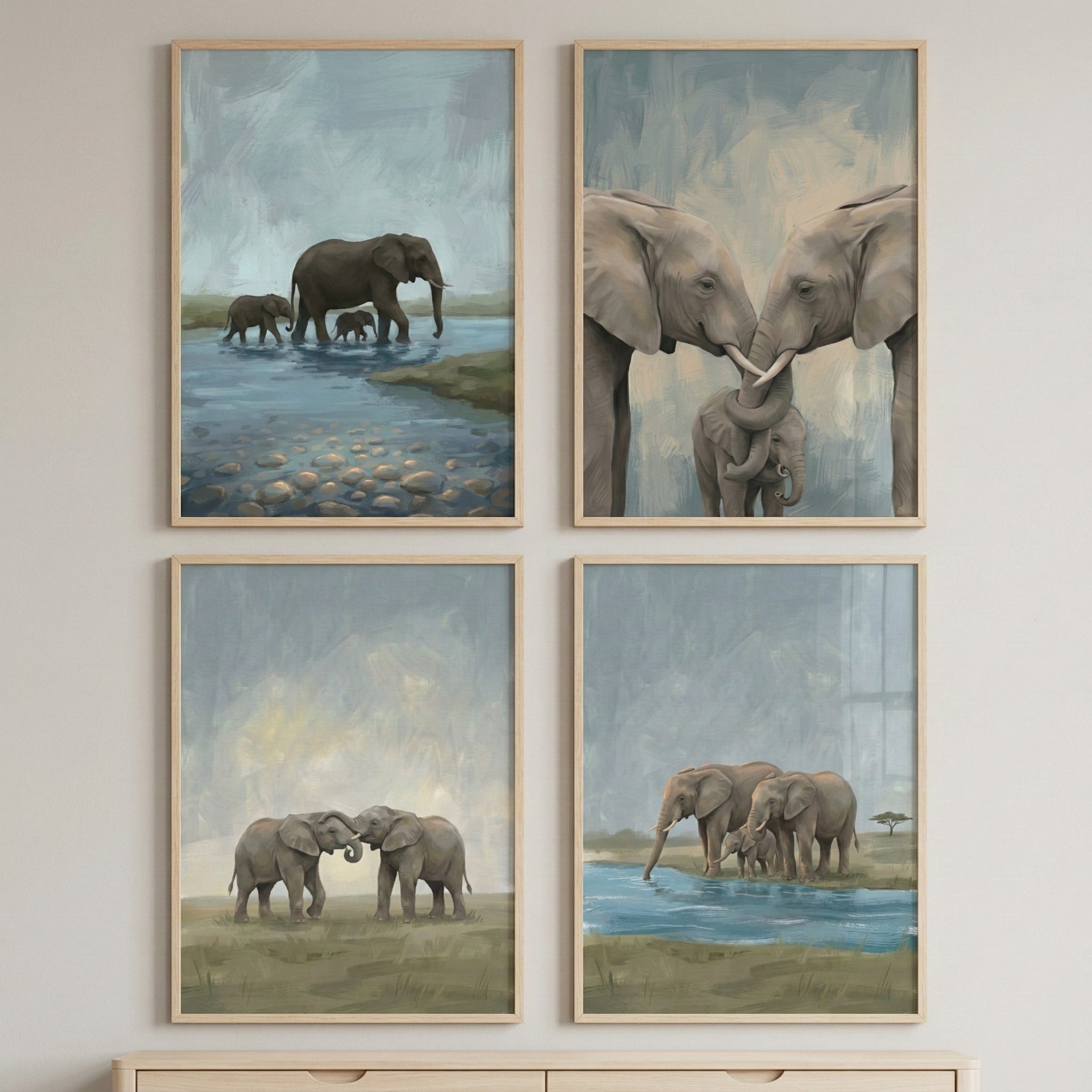 Elephant Family Wall Art Set of 4 - Savanna Family Journey