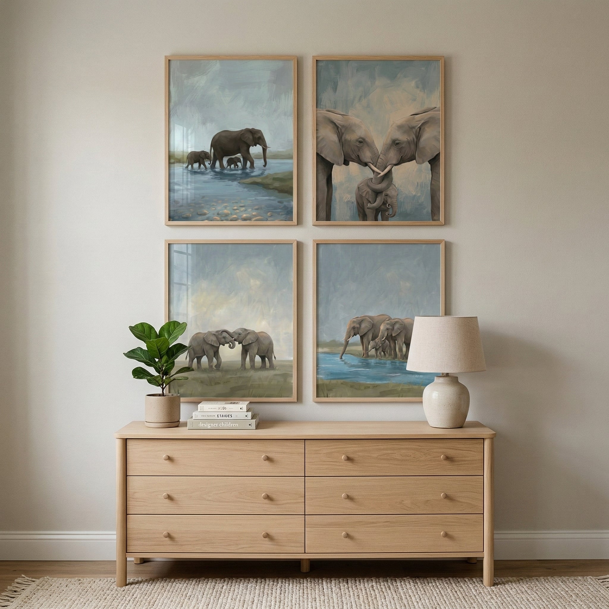 Elephant Family Wall Art Set of 4 - Savanna Family Journey