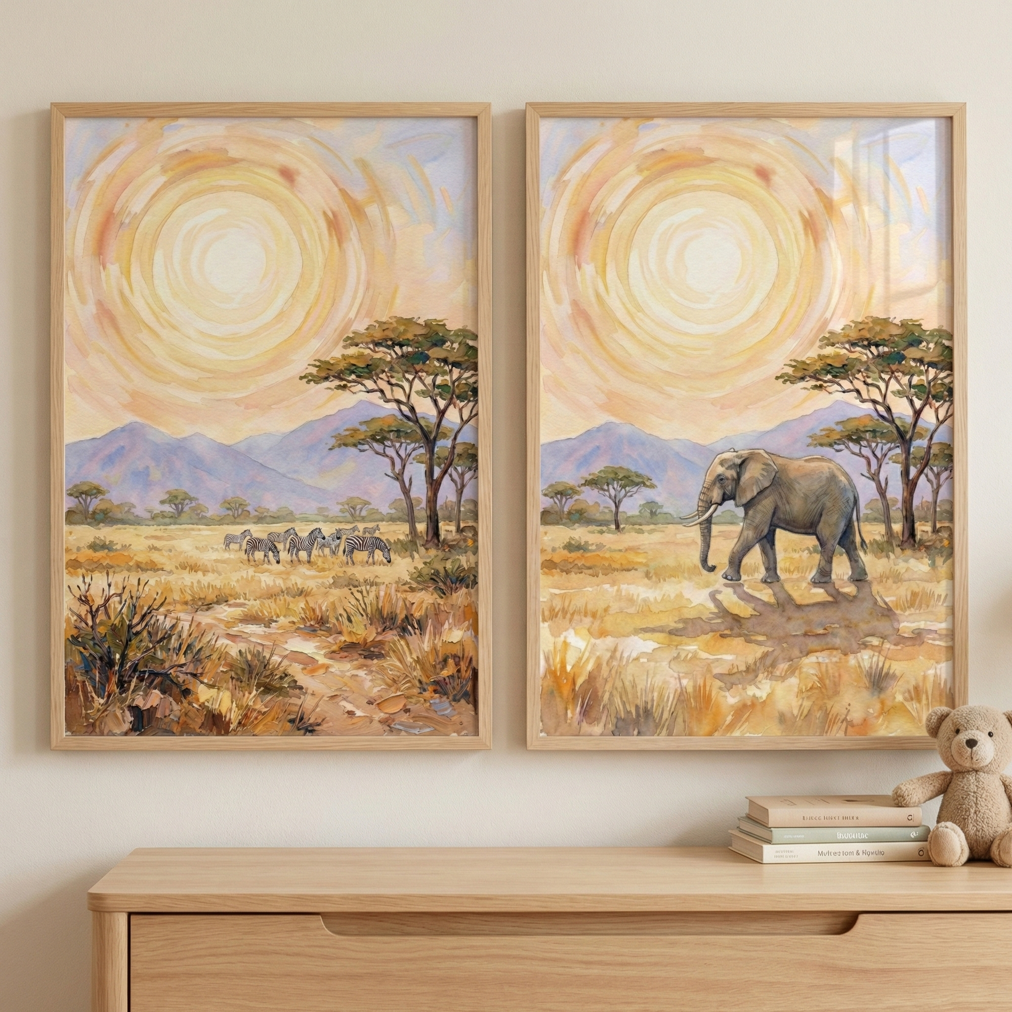 African Safari Wall Art Set of 2 - Golden Savanna Sun