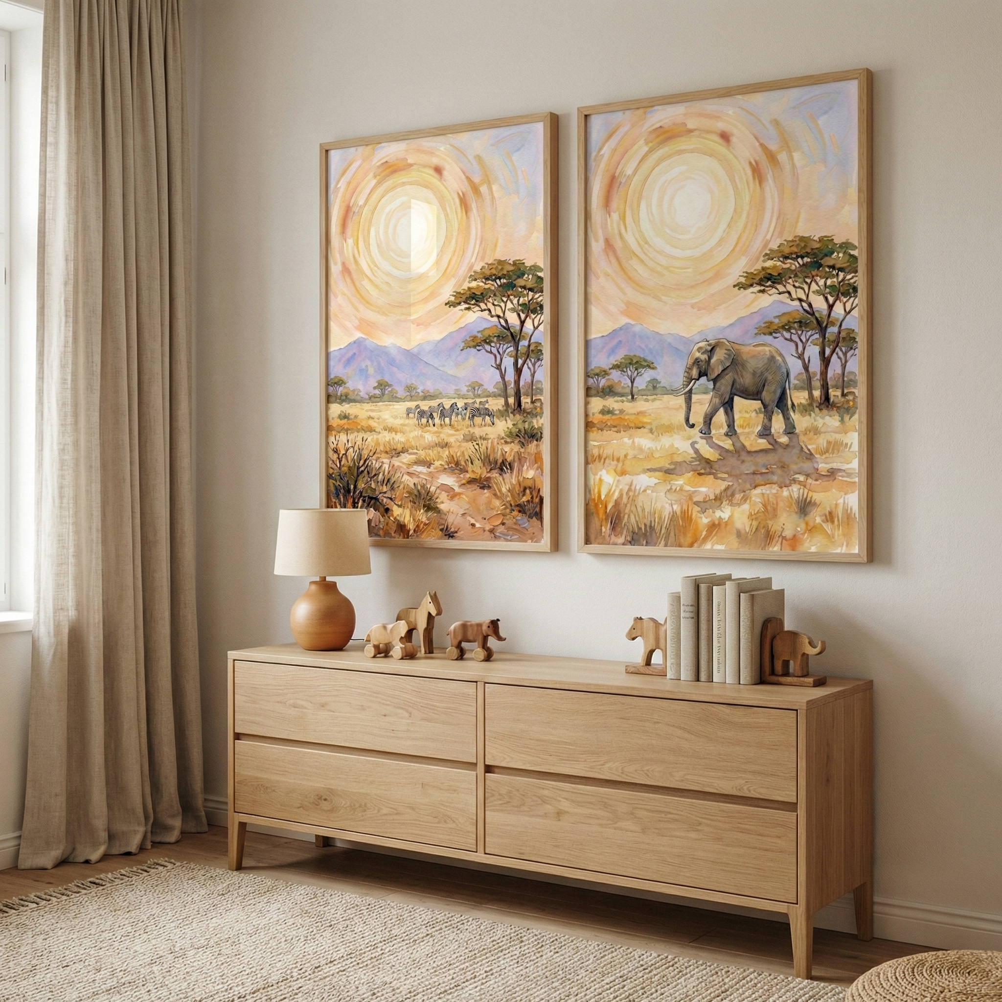 African Safari Wall Art Set of 2 - Golden Savanna Sun