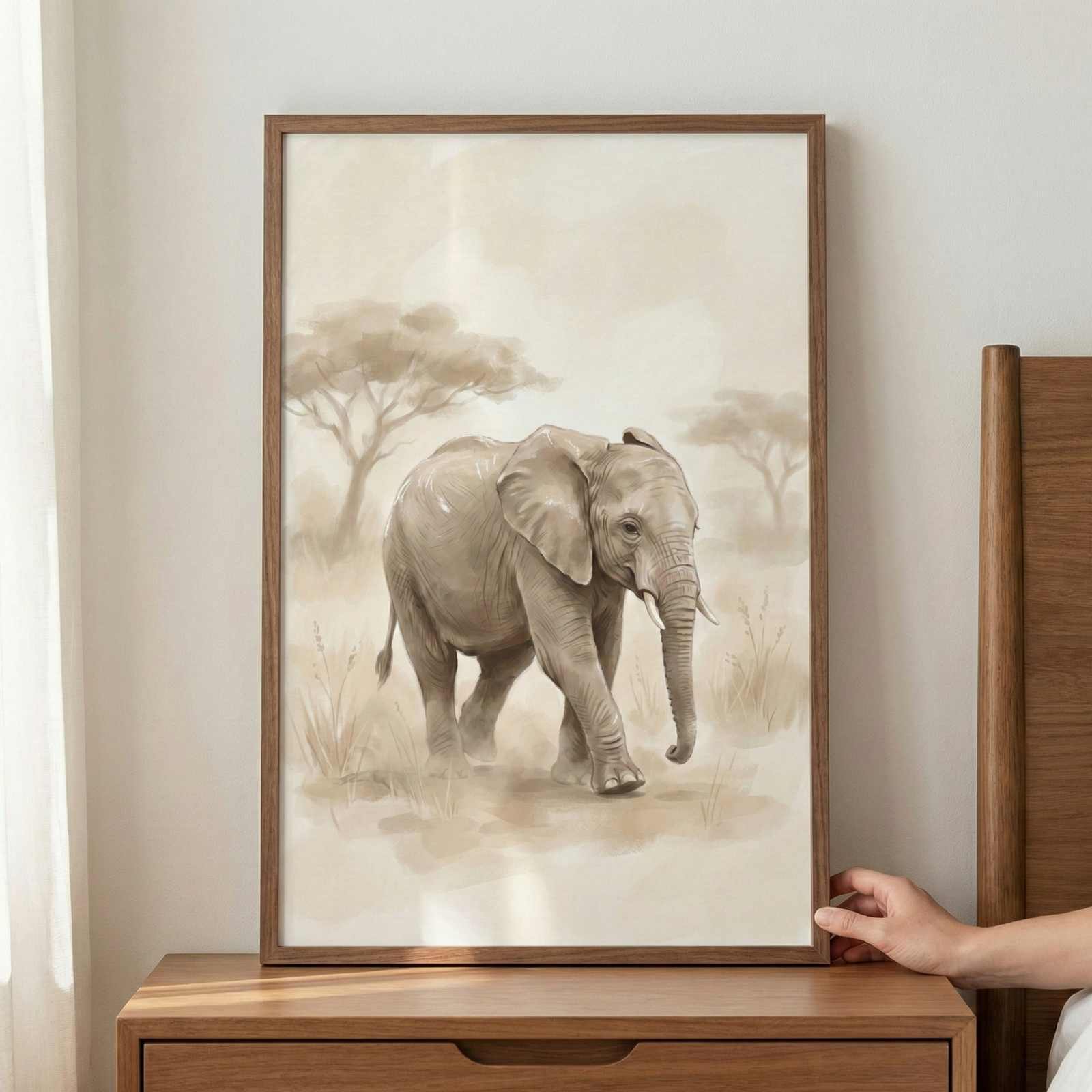 A framed watercolor-style artwork of a young elephant walking across a grassy savanna. The illustration features a muted, sepia-toned color palette of beige and brown. The elephant is shown from the side, walking towards the right, with tall grass and thin, flat-topped trees in the background under a soft sky. The piece is held in a dark wooden frame and rests on a wooden dresser against a plain wall. A hand is visible touching the right side of the frame.