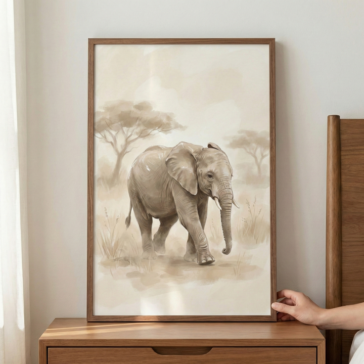 A framed watercolor-style artwork of a young elephant walking across a grassy savanna. The illustration features a muted, sepia-toned color palette of beige and brown. The elephant is shown from the side, walking towards the right, with tall grass and thin, flat-topped trees in the background under a soft sky. The piece is held in a dark wooden frame and rests on a wooden dresser against a plain wall. A hand is visible touching the right side of the frame.