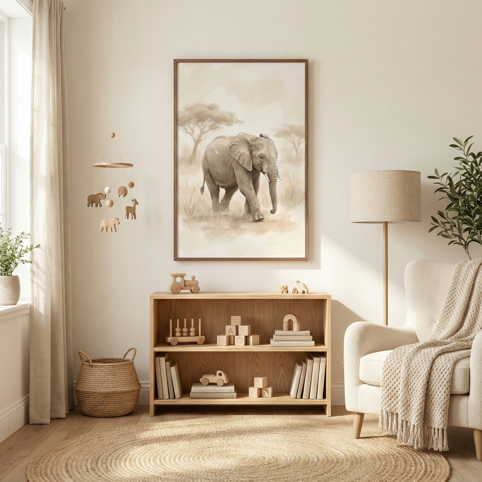 A serene nursery in warm, neutral tones. At the center is a large framed illustration of a walking elephant in a savanna setting. To the left, a wooden animal mobile hangs near a window. Below the artwork, a wooden bookshelf displays minimalist toys and books. On the right, a cozy armchair features a textured throw blanket, positioned next to a tall floor lamp and a leafy plant. A circular jute rug covers the light wood floor, creating a calm and natural atmosphere.
