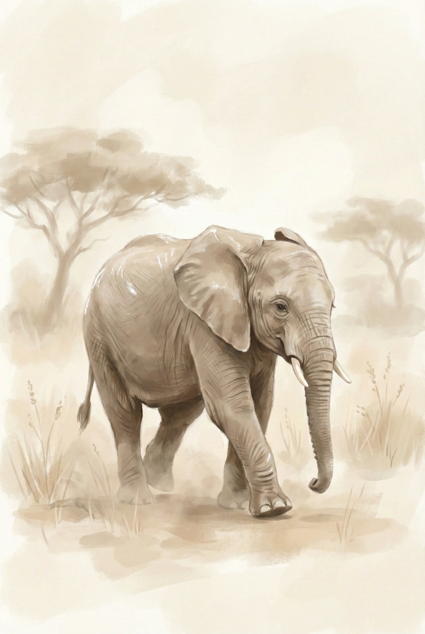 Watercolor illustration of an African elephant walking across a soft beige savanna landscape with acacia trees in the background, painted in warm neutral tones.
