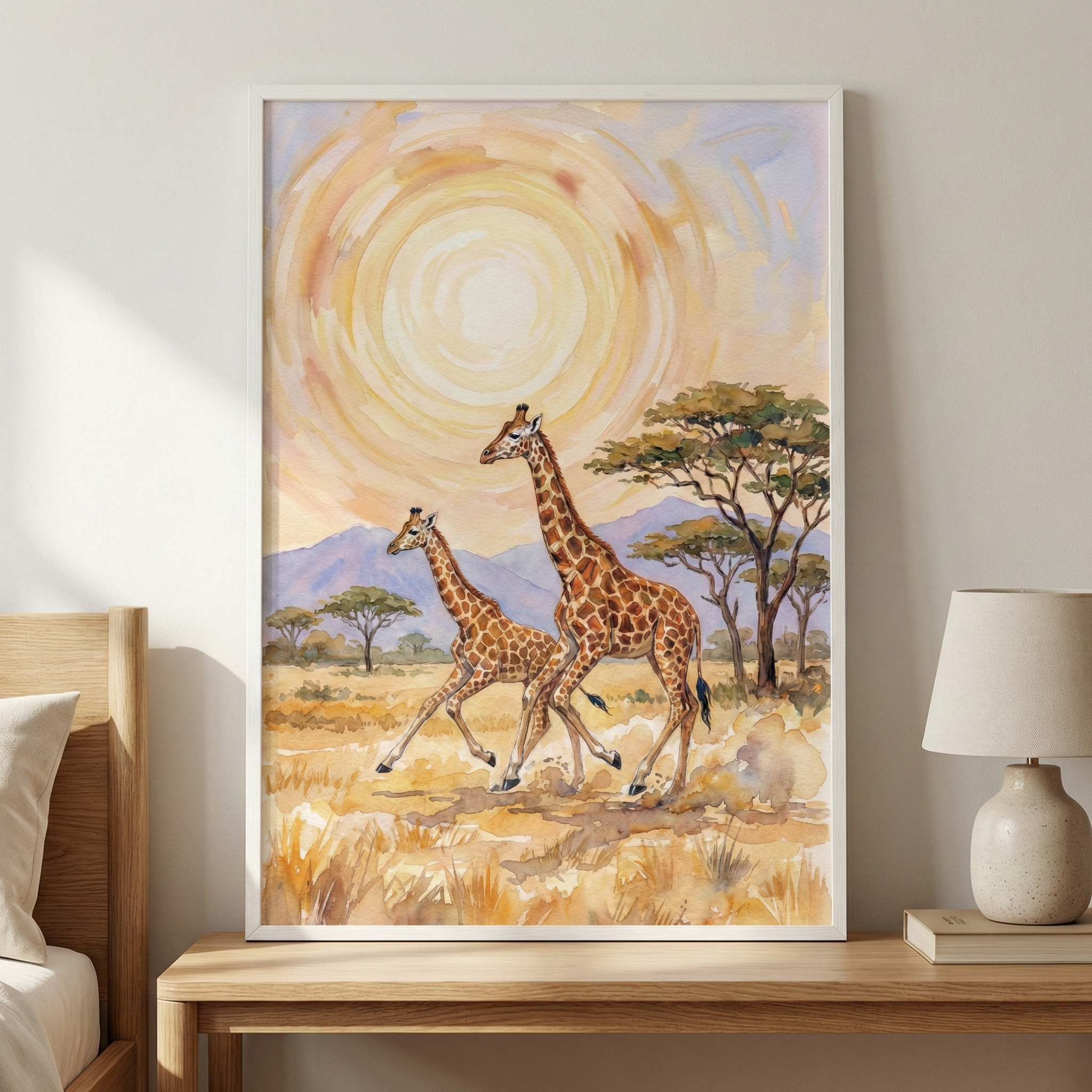 A framed piece of art depicts two giraffes, one larger and one smaller, walking across a sun-drenched savanna. The sky is dominated by a large, glowing sun formed by concentric swirls of gold and pale yellow. In the distance, soft purple mountains rise behind a few scattered, flat-topped trees and golden grasslands. The illustration uses a fluid, layered style with visible brushwork, emphasizing warm, earthy tones. 