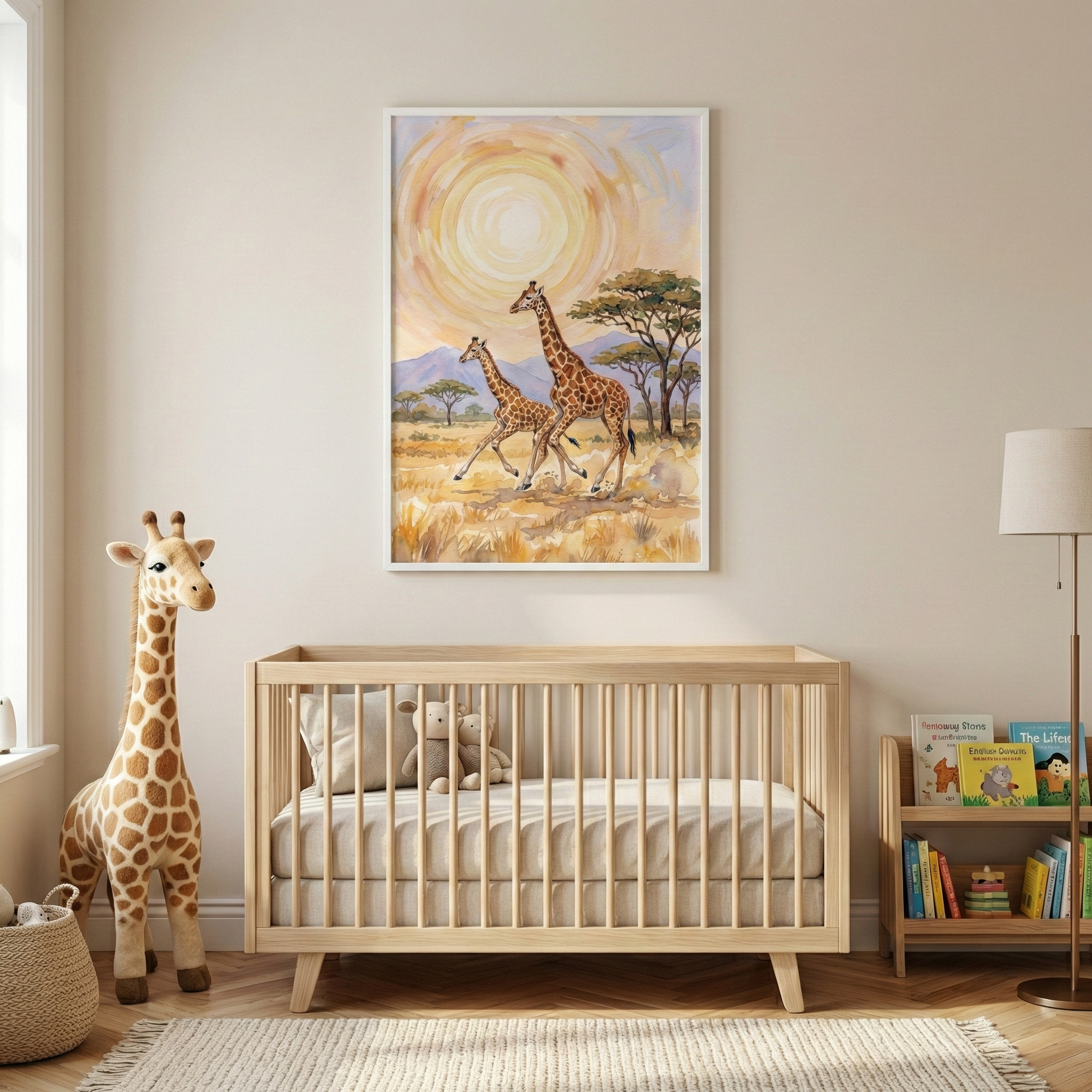 A serene nursery features a light wood crib centered against a neutral wall. Above the crib hangs a large, framed illustration depicting two giraffes traveling across a golden savanna beneath a luminous, swirling sun. To the left, a tall plush giraffe toy stands on a polished wood floor. Inside the crib, a small stuffed animal rests on a neutral-toned mattress. A low wooden shelf with children’s books and a simple floor lamp complete the warm and inviting space.