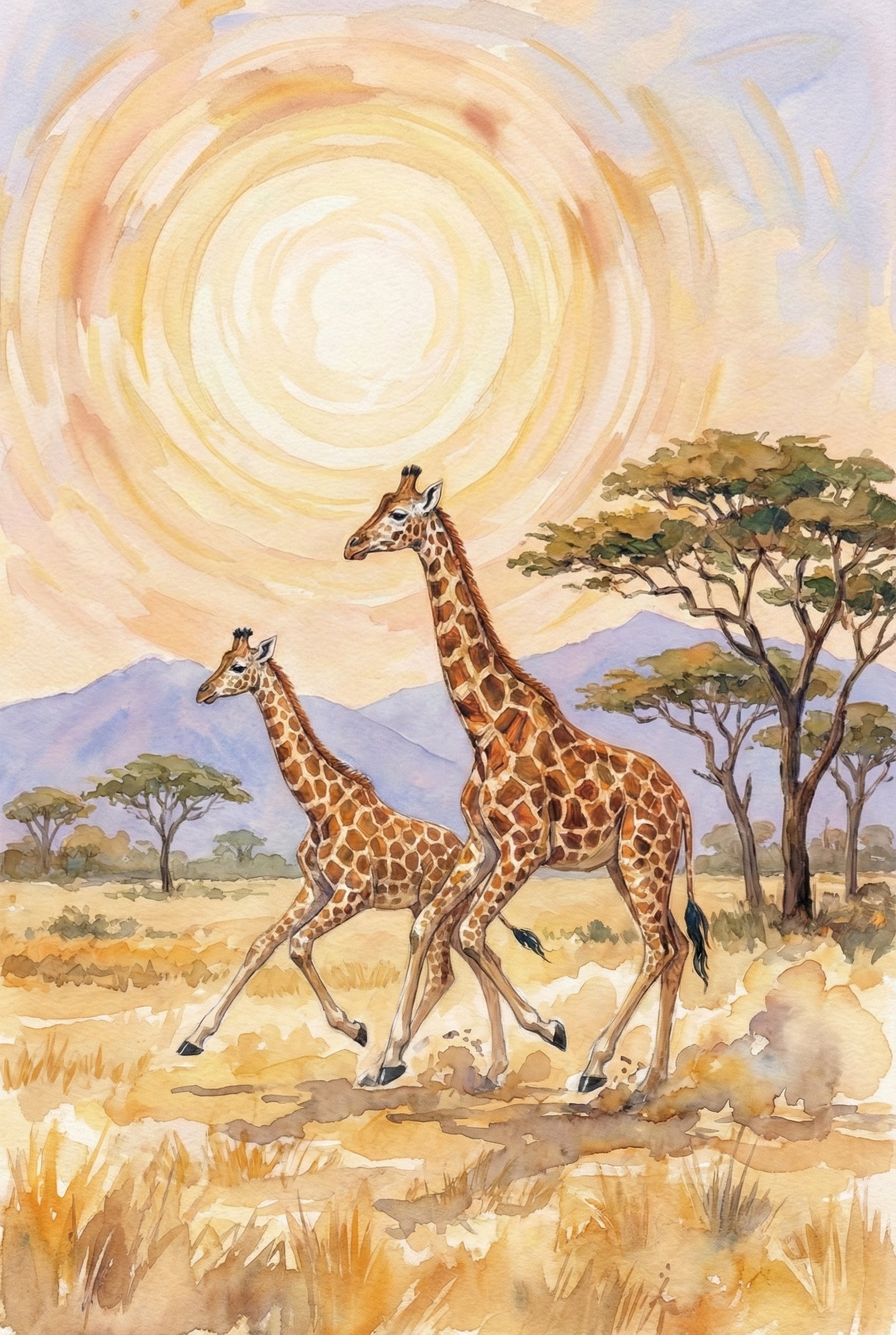  Watercolor painting of two giraffes walking side by side across a golden savanna beneath a large swirling sun. Acacia trees and soft purple mountains in the distance create a warm and peaceful African landscape scene.

