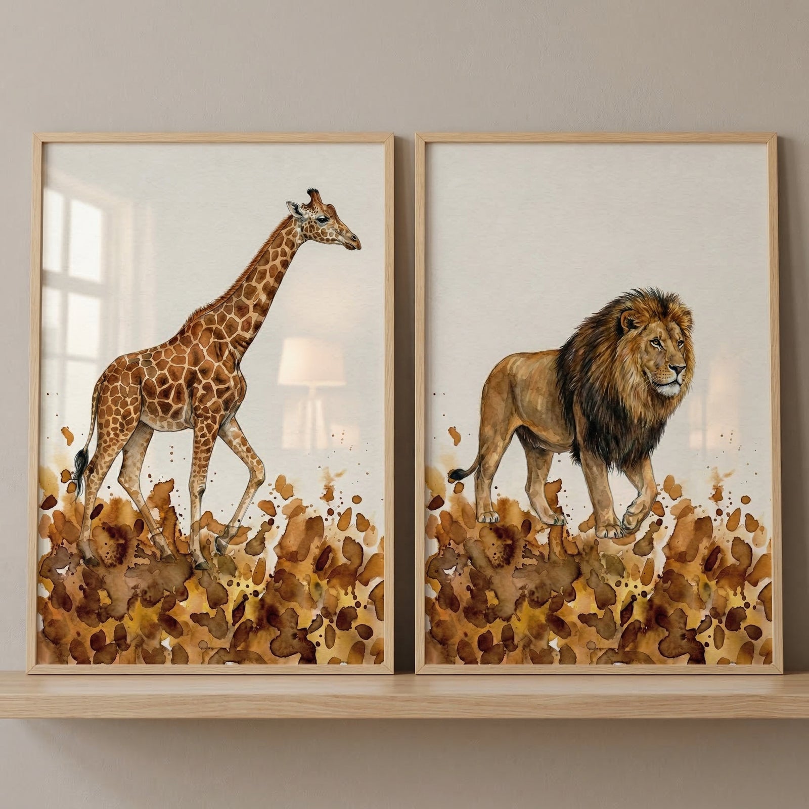 Two framed pieces of wildlife art are displayed side-by-side on a light wooden shelf against a neutral-toned wall. The left frame features an illustration of a giraffe in mid-stride, and the right frame depicts a male lion with a full mane. Both pieces utilize a clean, white background and are accented along the bottom with expressive, warm brown watercolor splashes and textures that evoke the look of animal prints and natural landscapes. 