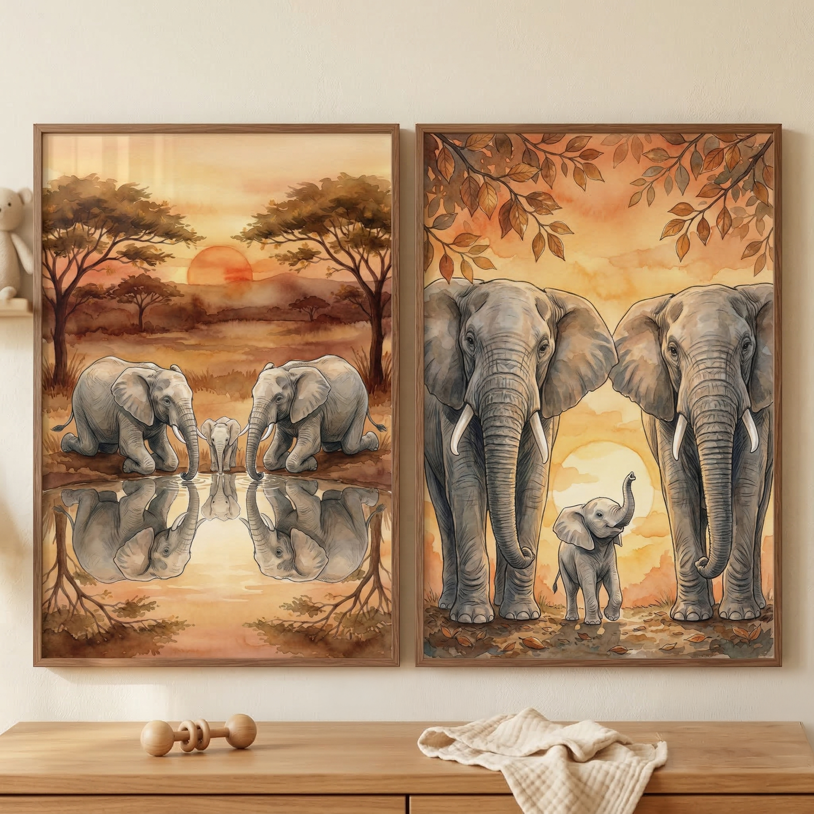 Two framed elephant-themed artworks are displayed on a light wall above a wooden dresser. The piece on the left shows a family of three elephants at a waterhole, their figures reflected in the still surface. Behind them, a large sun sets over a savanna landscape. The right illustration features two adult elephants with a calf playfully raising its trunk between them. Both artworks use soft, warm tones and a watercolor style. A wooden toy and a cloth rest on the surface below.