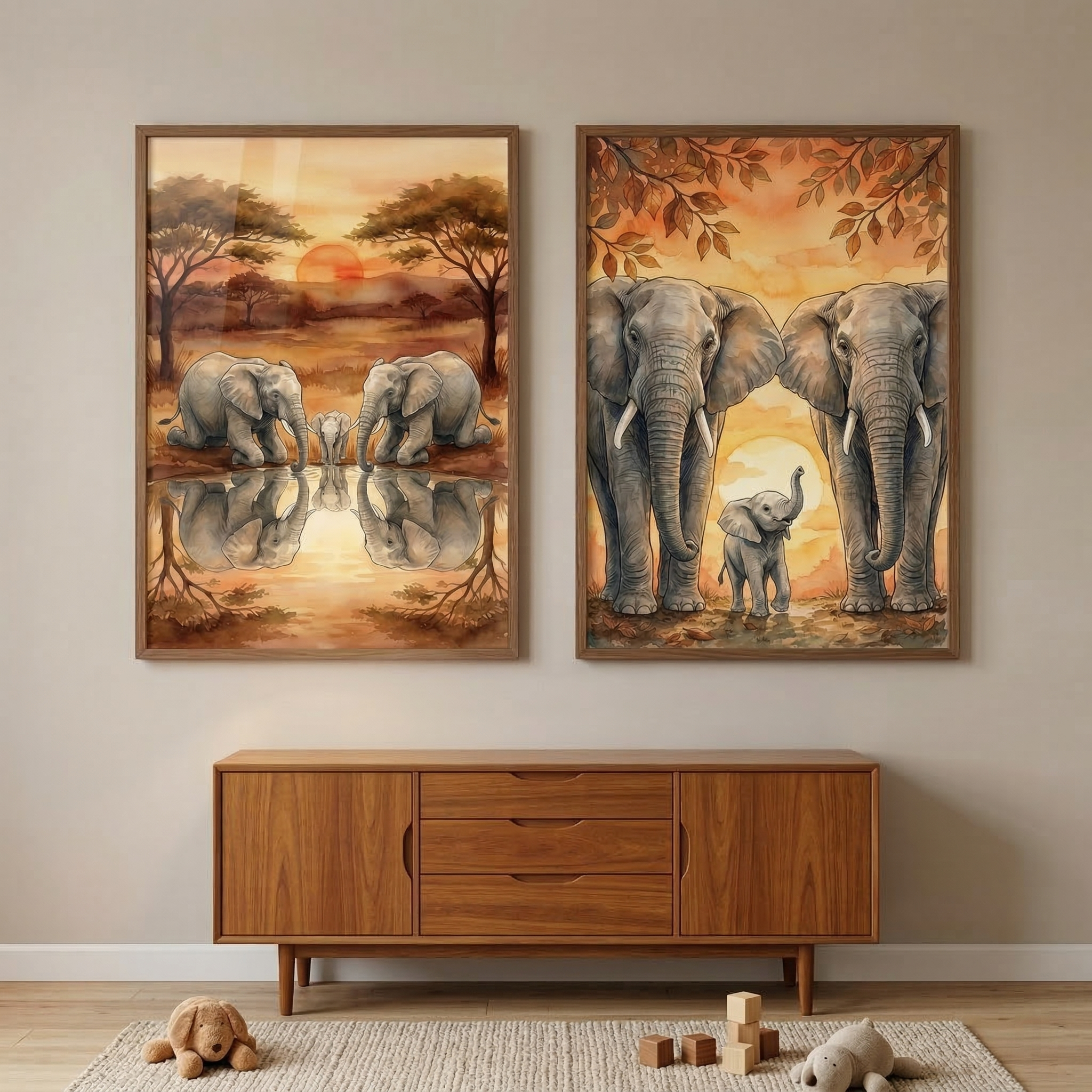 African Sunset Elephants Wall Art Set of 2 - Savanna Sunset Family