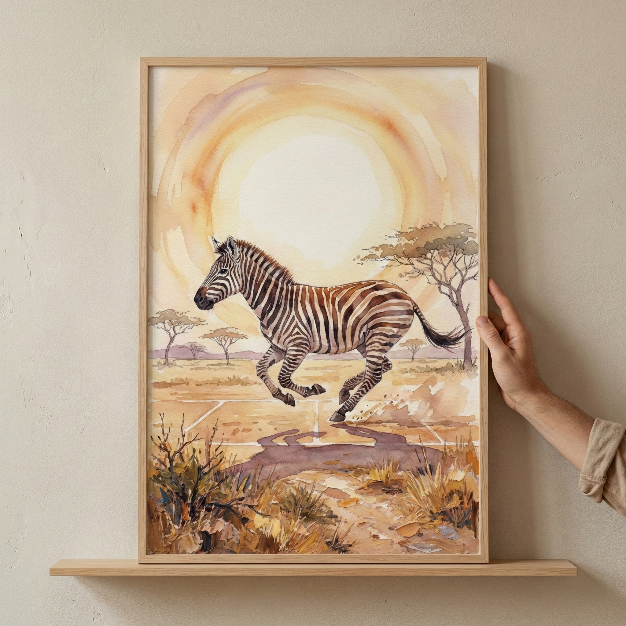 A framed watercolor painting of a zebra running across an African savanna, set against a warm, glowing sun. The scene includes acacia trees and dry grasses, capturing the essence of the landscape. A hand is holding the frame, displaying it on a simple wooden shelf.