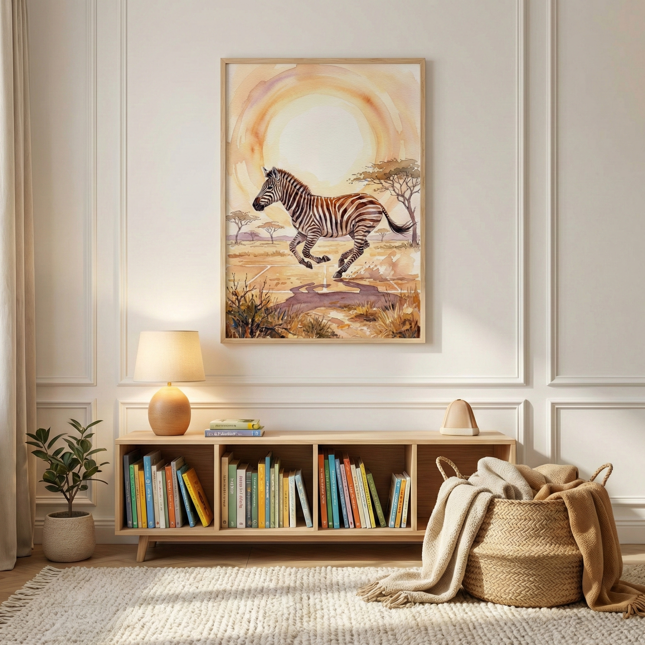 A minimalist room features a large framed illustration of a zebra galloping across a savanna under a warm, circular sun. Below the artwork sits a light wood bookshelf filled with rows of colorful books. On the shelf's top is a glowing table lamp and a few small decorative items. A green potted plant stands on the left, and a large woven basket overflowing with soft blankets is on the right. The floor is covered by a white textured rug, set against a white wall with elegant molding.