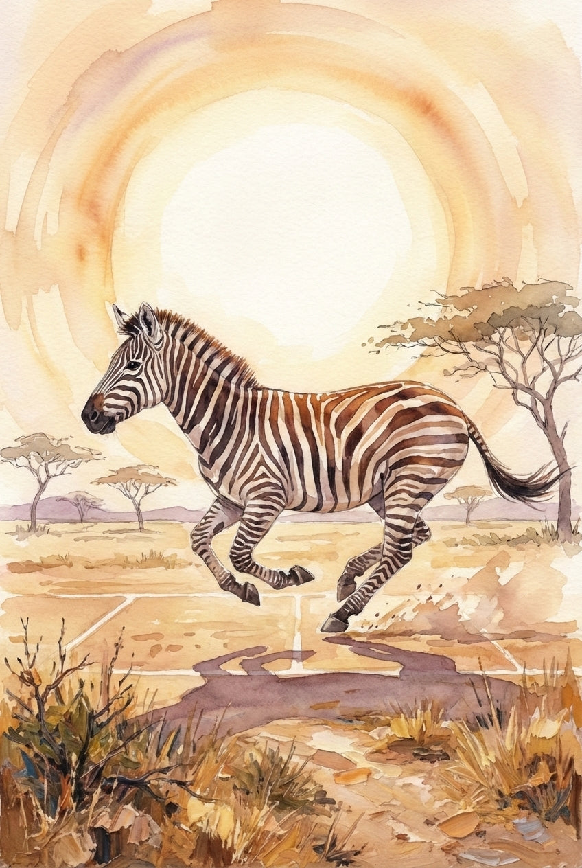 A watercolor illustration of a zebra galloping across a sun-drenched savanna. The zebra is captured mid-stride, moving from left to right, its black and white stripes contrasting with the warm landscape. Behind it, a massive, glowing sun is depicted in concentric circles of gold and pale yellow. Several generic acacia trees are scattered in the background under a soft, hazy sky. The foreground features dry, textured grass and low shrubs, with a dark shadow cast beneath the running animal.