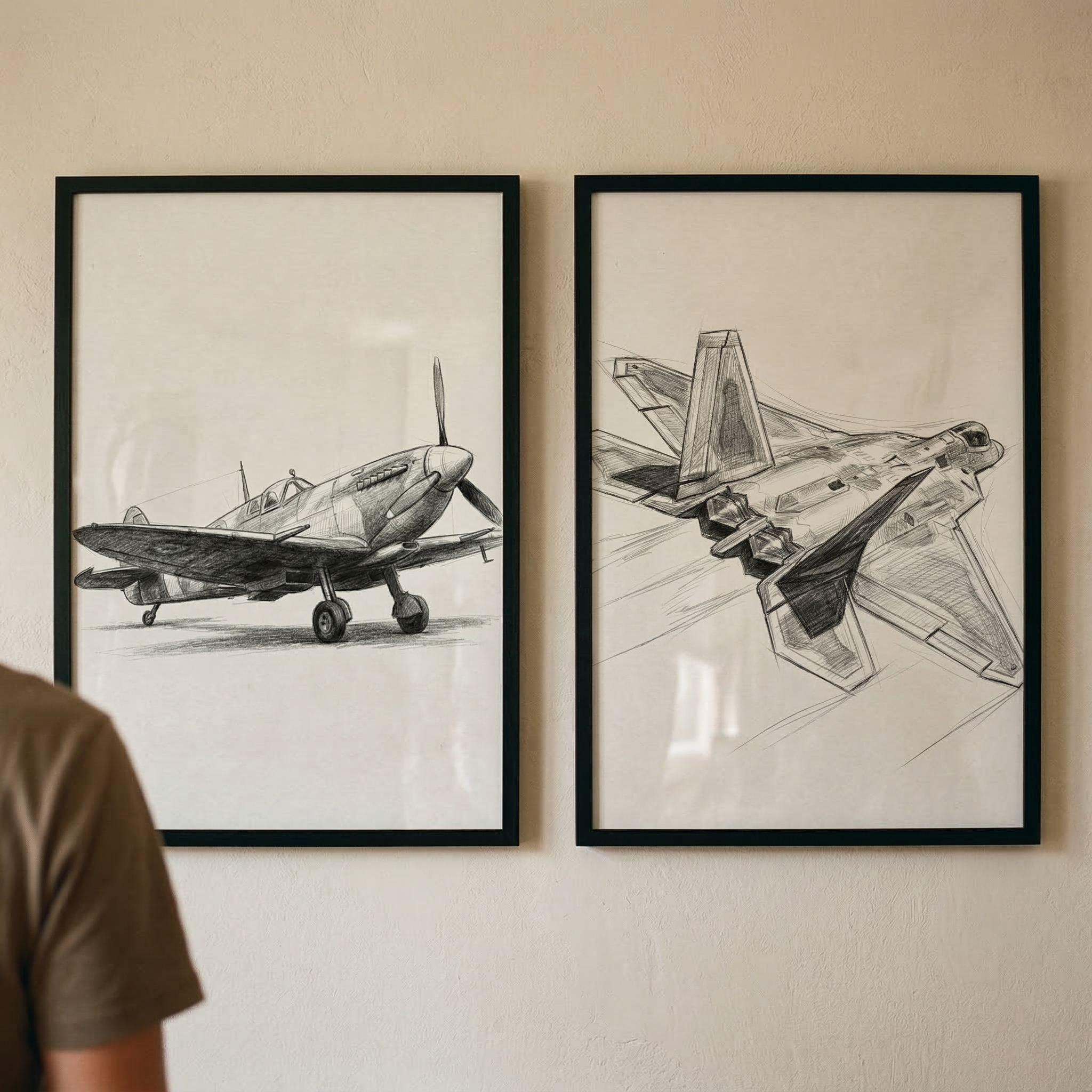 Vintage And Modern Aircraft Wall Art Set of 2 - Aviation Evolution Sketch