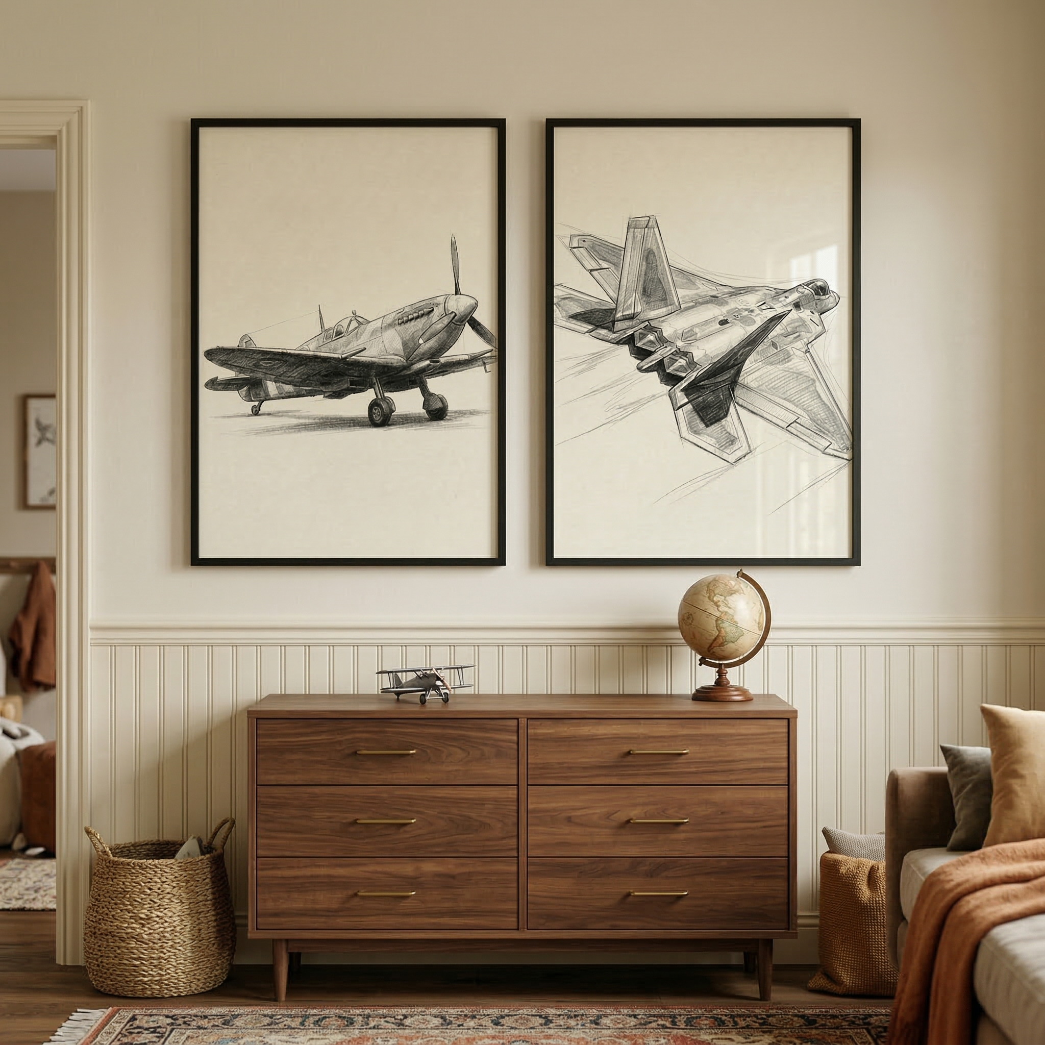 Vintage And Modern Aircraft Wall Art Set of 2 - Aviation Evolution Sketch