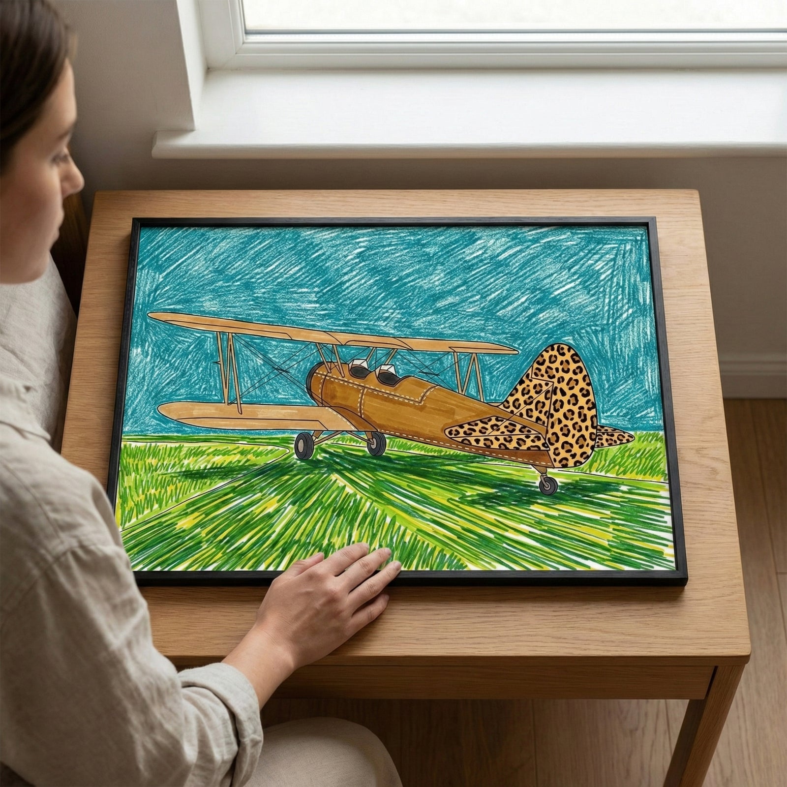 A woman sitting at a table looks at a colorful framed drawing of a vintage biplane airplane on a grassy field with a bright blue sky. The airplane has a unique design with a brown body and tail fins featuring a leopard print pattern.