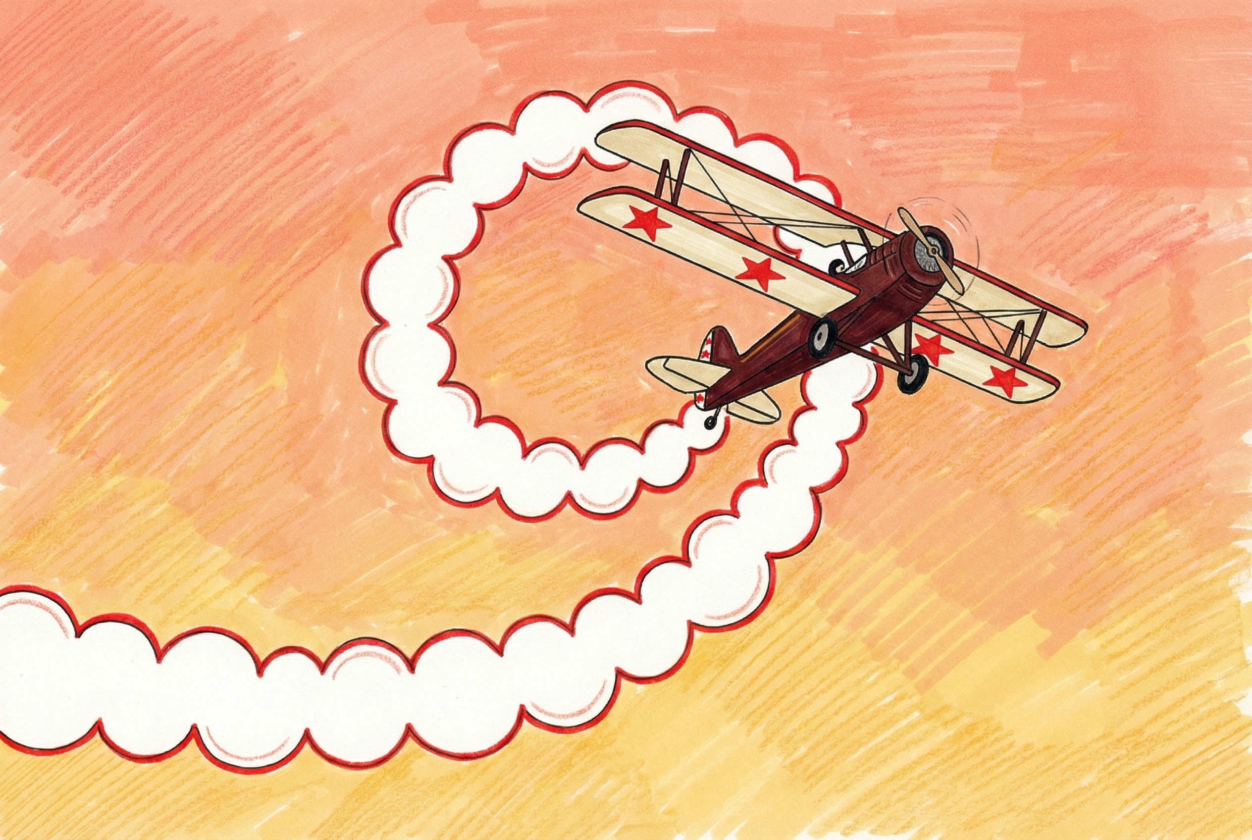 Illustration of a red and cream biplane with red stars performing a midair loop, leaving behind a bold white smoke trail outlined in red, set against a textured peach and yellow sky.