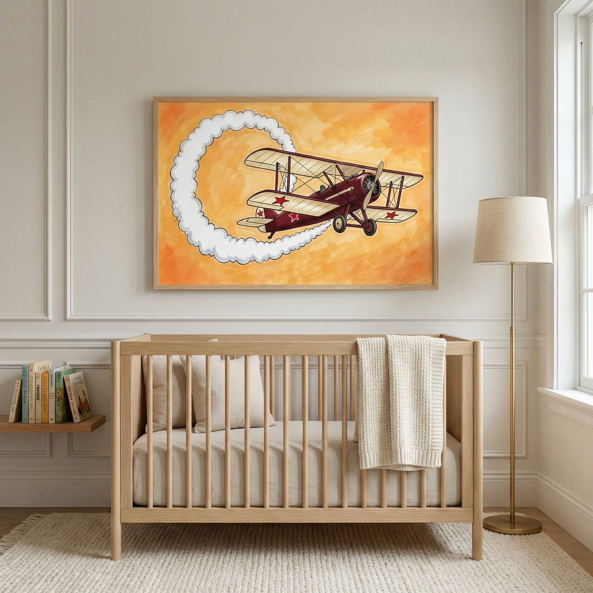 A framed illustration of a red and cream biplane with red stars flying in a loop, leaving a curved trail of white smoke, displayed above a wooden crib in a softly lit nursery with neutral tones.