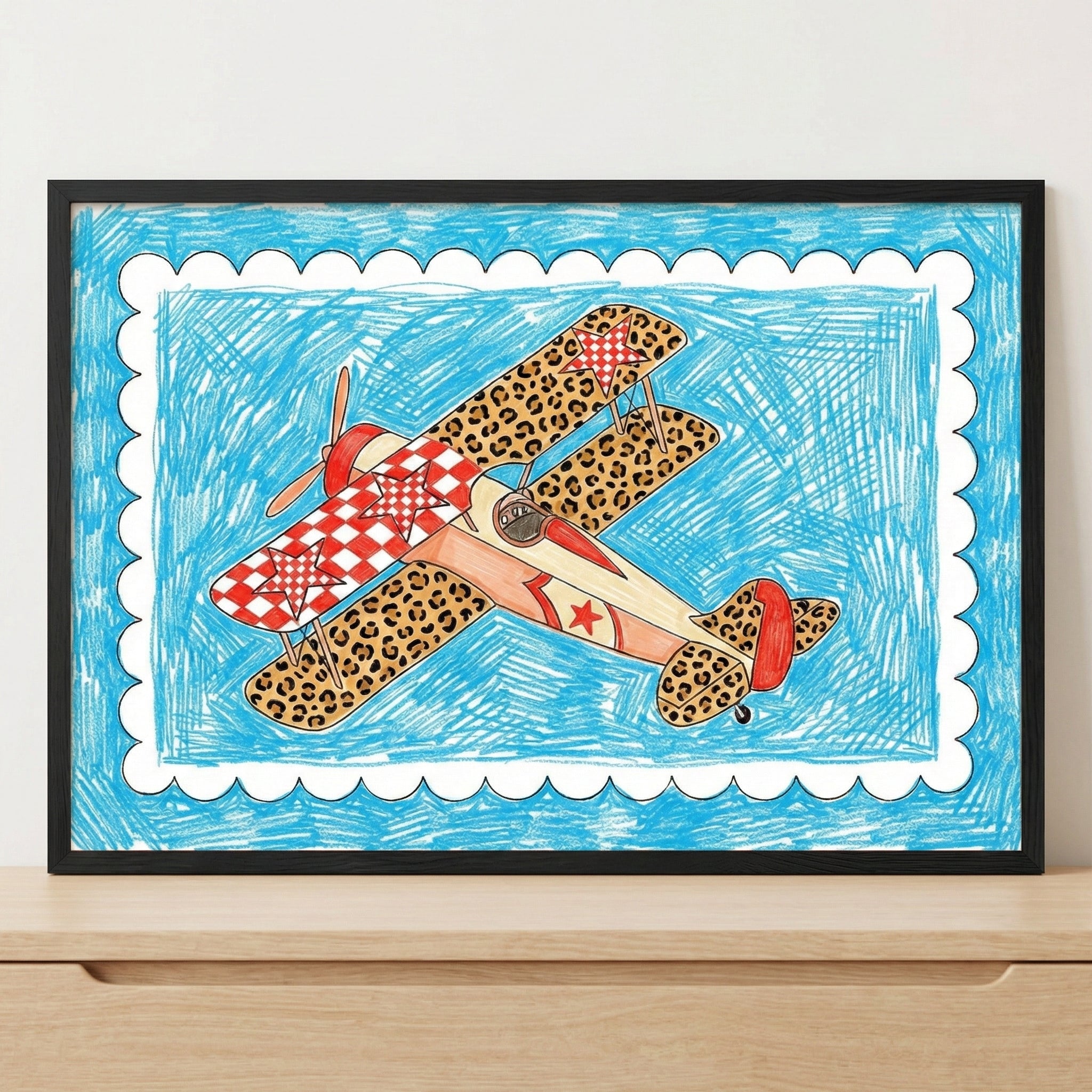 Colorful hand-drawn illustration of a vintage biplane with leopard print wings, red checkered patterns, and a red star on the side, flying against a blue crayon-textured sky with a scalloped white border.
