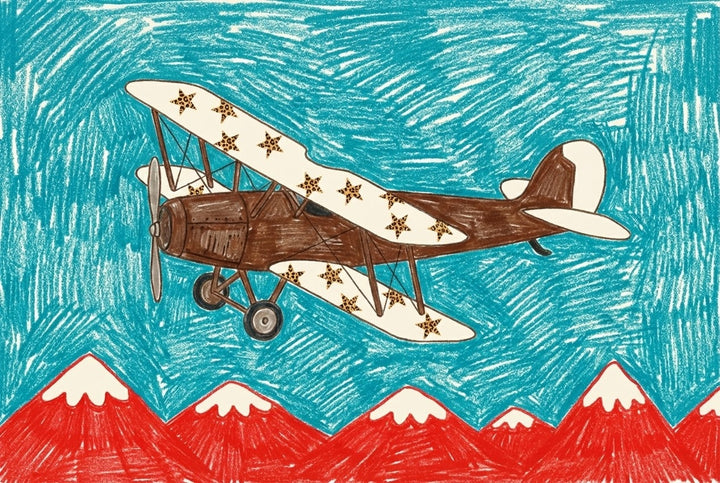 Childlike crayon drawing of a brown vintage biplane with cream wings decorated in star patterns, flying above bright red mountains topped with snow under a swirling blue sky. The playful, colorful style captures a sense of airplane adventure and mountainous exploration.