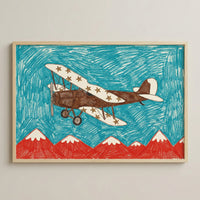 Crayon-style drawing of a vintage brown airplane with cream-colored wings decorated with brown stars, flying above a range of red mountains with snowy peaks against a textured blue sky. The whimsical style evokes a sense of childhood adventure and exploration.