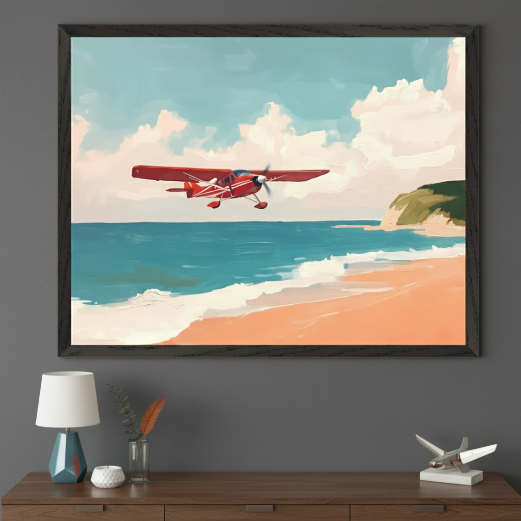 Modern room with a dark gray wall and a wooden dresser below. A large framed painting in a painterly style depicts a red propeller plane flying over a sandy beach and blue ocean with cliffs, under a cloudy sky. The art hangs centered above the dresser.