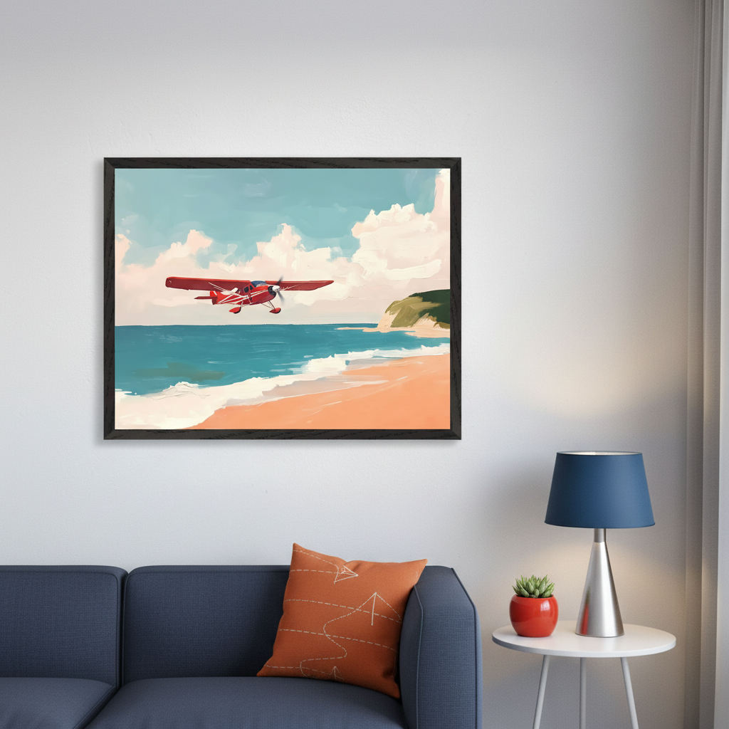 Modern living room with a dark blue sofa. A large framed painting of a red airplane flying over a sandy beach with blue water and a green cliff hangs above the sofa. A side table with a blue lamp is to the right.