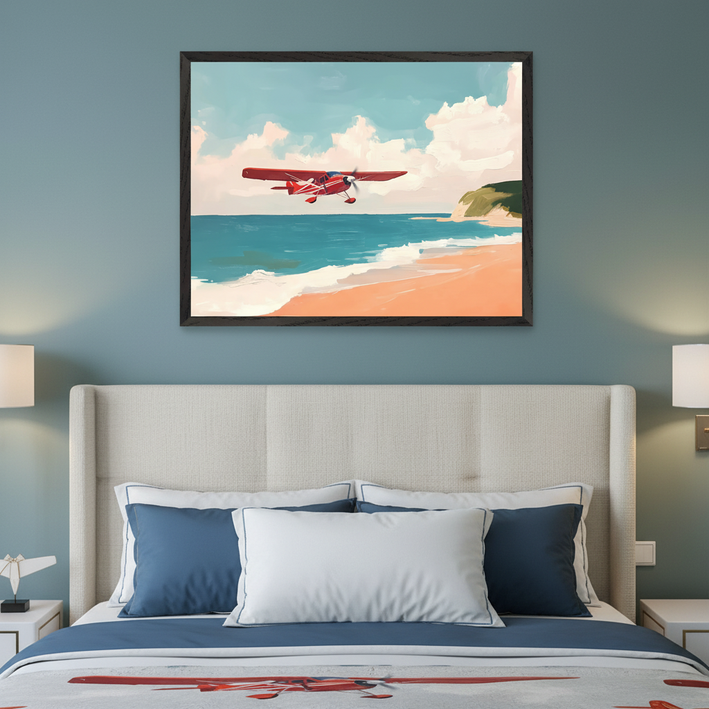Modern bedroom with a beige upholstered bed and white nightstands. A large framed painterly artwork of a red propeller plane flying over a beach with blue water and a sandy shore under a cloudy sky hangs centered above the bed.