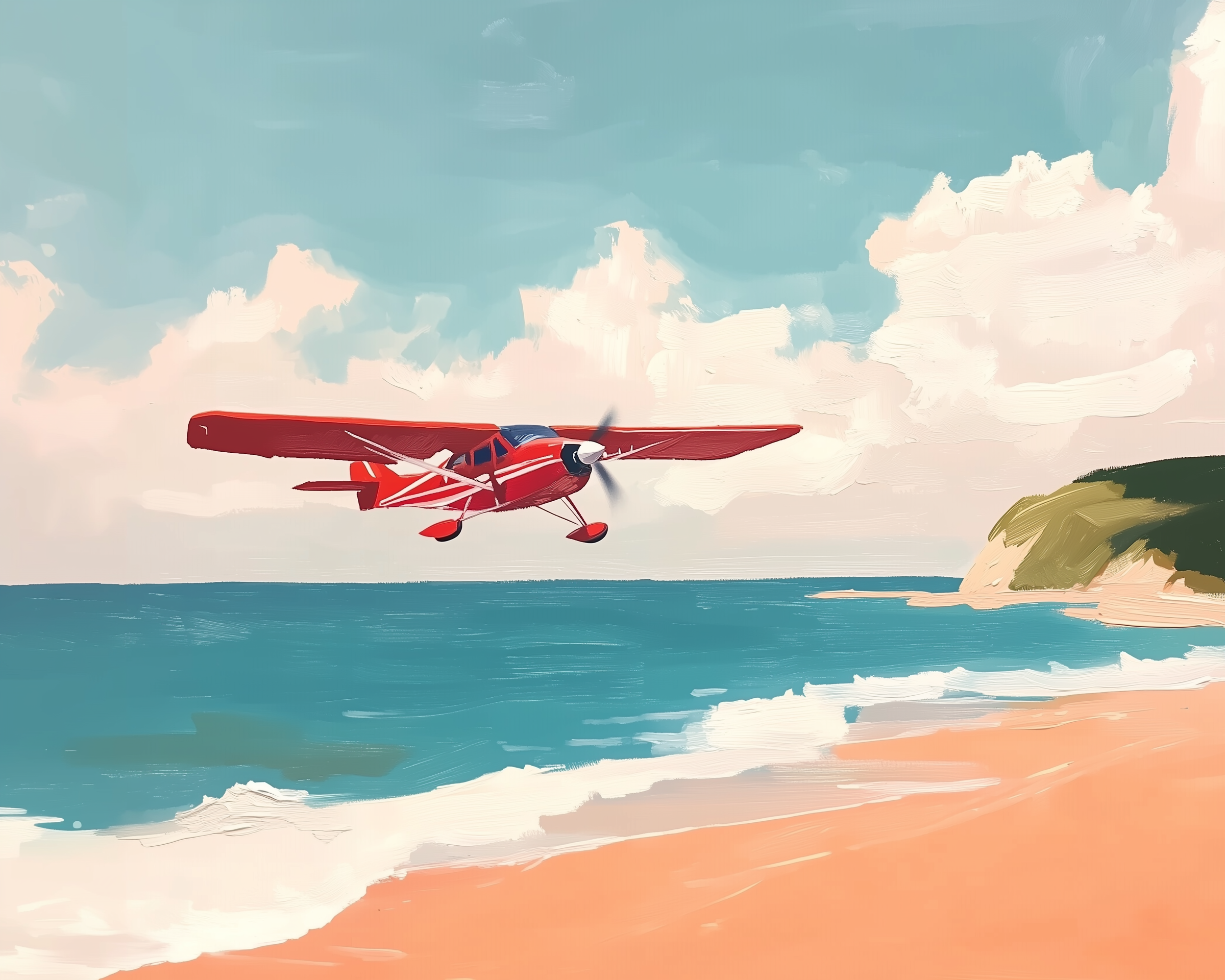 A red propeller plane flies low over a sandy beach with gentle waves rolling in under a blue sky. The brushstrokes and light clouds give the artwork a breezy, vintage travel vibe.
