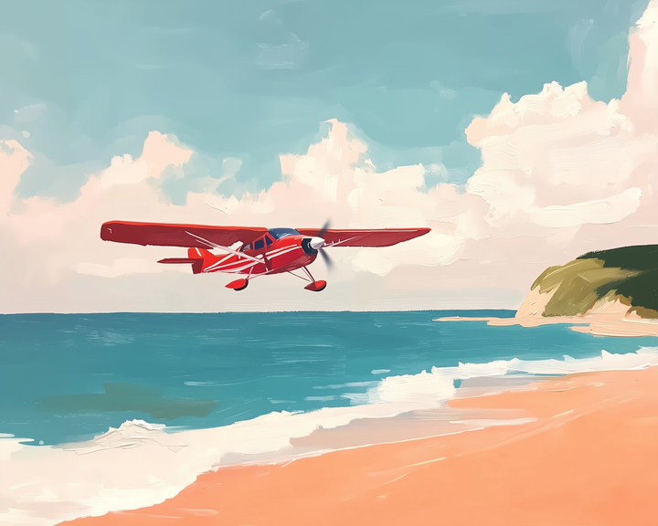 A red propeller plane flies low over a sandy beach with gentle waves rolling in under a blue sky. The brushstrokes and light clouds give the artwork a breezy, vintage travel vibe.
