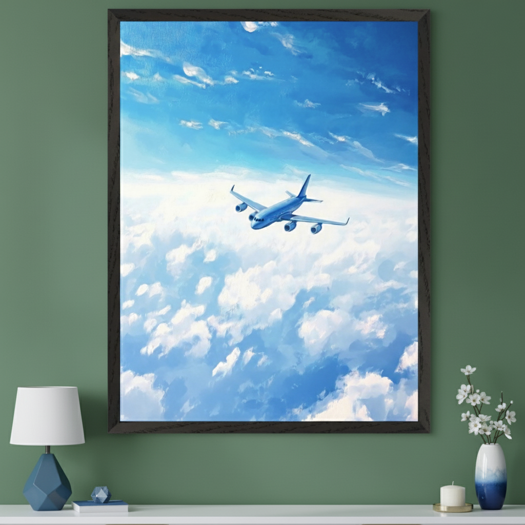 Modern room with a green wall and white console table. A large framed painting of a blue airplane flying above white clouds in a blue sky hangs centrally above the table. A white lamp and vase with flowers are on the table.