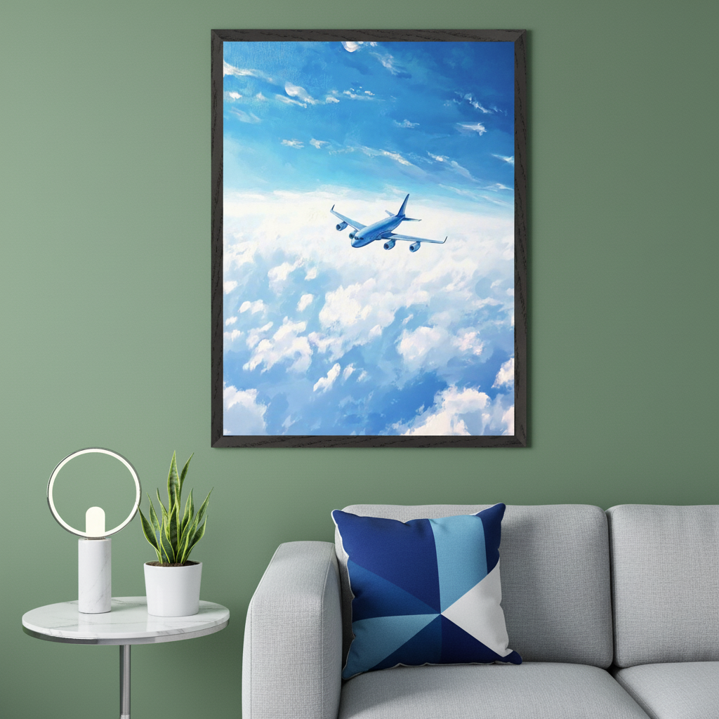 Modern living room with a green wall and a gray sofa. A large, dark-framed vertical painting hangs centered above the sofa. It depicts a blue airplane flying high above white clouds in a bright blue sky. A white marble side table with a modern lamp and plant is to the left of the sofa.