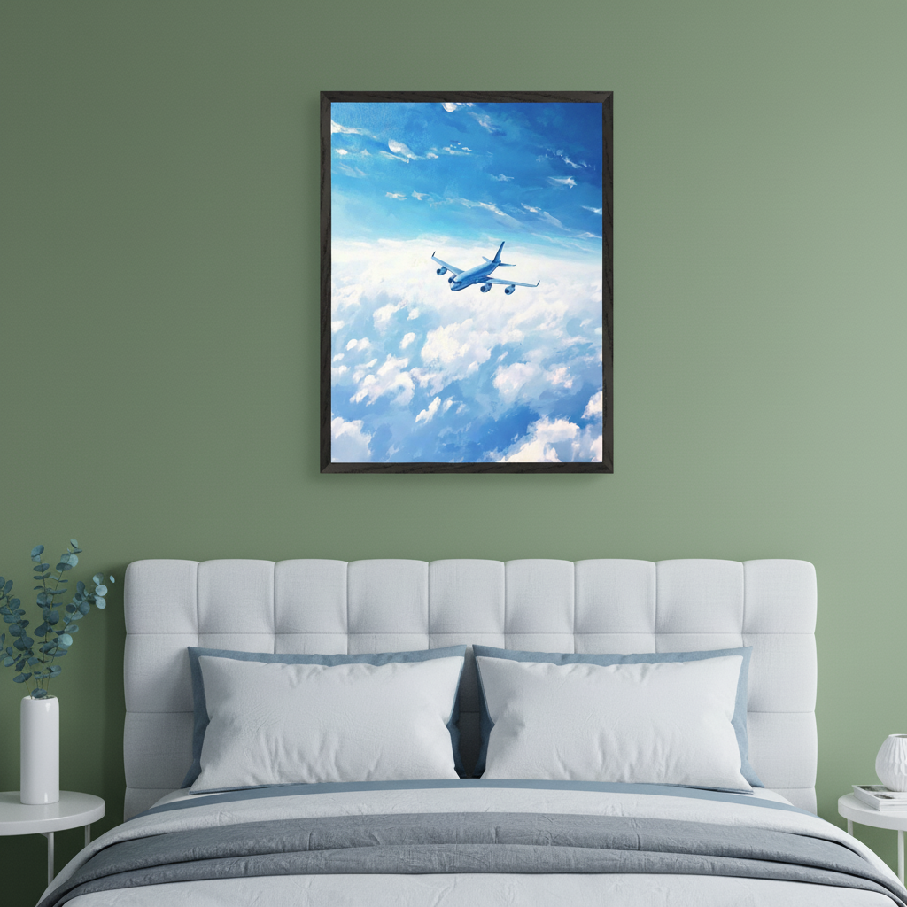 Modern bedroom with a white tufted headboard and bed. A framed painting of a blue airplane soaring over white clouds in a blue sky hangs centered above the bed on a green wall.